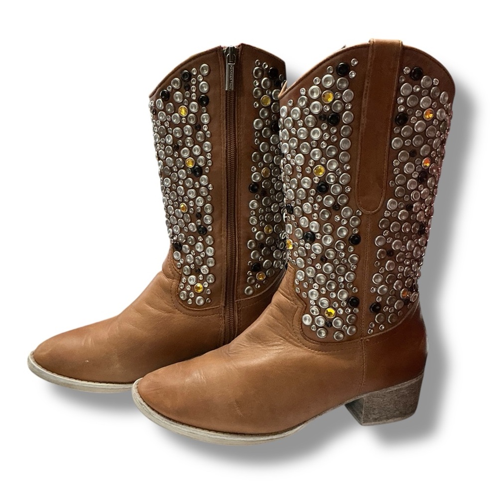 Modern Vice Brown Studded Heeled Boots - Picture 3 of 12